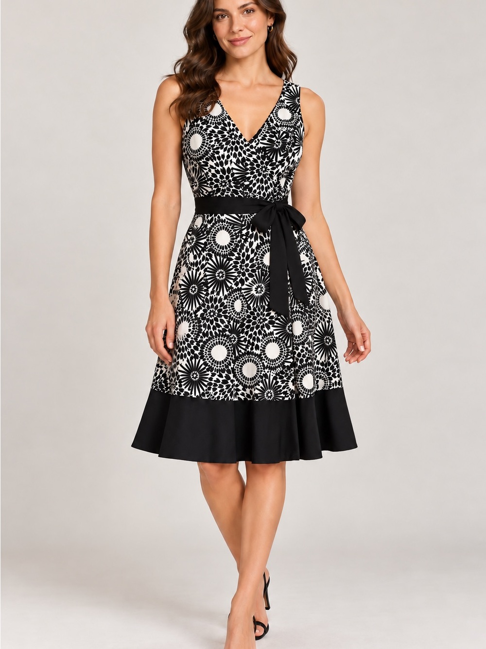 Nine West Black White Floral Tie Waist Sleeveless V-Neck Dress Size 8